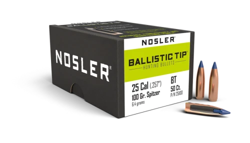 Delivering the accuracy, consistency and down range punch required for clean kills in all situations, Nosler’s Ballistic Tip® hunting bullet maximizes energy transfer for devastating performance. The aerodynamic polymer tip (color coded by caliber) initiates rapid and uniform expansion of the bullet upon impact while the fully-tapered jacket provides maximum energy transfer and optimum weight retention at all practical velocities. Equipped with a heavily jacketed base that acts as a platform for large-diameter mushrooms and a boat-tail design that enhances long-range accuracy, the Ballistic Tip® is a favorable design for reloaders targeting deer-sized game.

More Information
Product Name	25 Caliber 100gr Ballistic Tip Hunting (50ct)
Country of Manufacture	United States
Box Qty	50
BC G1	0.393
Overall Length (OAL) (in.)	1.110
Sectional Density (SD.)	0.216
Diameter	0.257
Cannelure/Band	No
Manufacturer SKU	25100
Type	Bullet
UPC	54041251006
Proposition 65	Yes
Shipping Restrictions	No
Bullet Base	Boat Tail
Bullet Profile	Spitzer
Bullet Type	Ballistic Tip Hunting
Bullet Weight	100gr
Caliber	25
Lead Free	No

