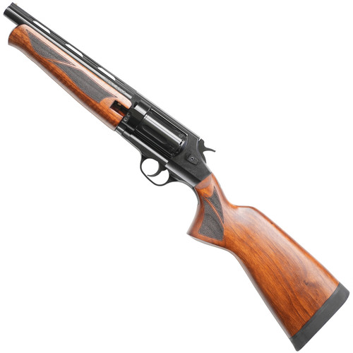The SR-45 Compact Revolver Rifle, was specifically designed for the Canadian market to feature a lightweight and compact rifle in a NON-RESTRICTED package. No sales to USA.

The barrel is 9.8” in length, and is chambered in .45, accepting both .45 LC or .45 ACP with moonclips, as well as .410 shotshells. The revolver action is superior to other repeaters such as pump and lever, for it’s speed, loading and ease of use. The SR-45 barrel is rifled, allowing for superior range and accuracy over smoothbore competitors.

Weighing in at just 4.6lbs and only 26.5” in overall length, this rifle is small enough to be carried in a pack or in the optionally available leather belt holster. The light weight and compact dimensions also makes the SR-45 a great compliment for smaller statured and beginner shooters.

The SR-45 features a beautiful walnut stock, adorned with deep checkering for a sturdy grip with gloves or in wet conditions. The stock is ergonomically enhanced with an angled palm swell grip and a double thickness rubber buttpad. Unlike pistol grip only or mare’s leg stocks, the stock is long enough to be shouldered for superior precision and accuracy.

The receiver is drilled and tapped for an optional picatinny rail for additional sighting options. The trigger is smooth and crisp, offering both confidence and precision.

Comes with manual and two .45 ACP moonclips. Like all firearms imported by Tactical Imports, the SR-45 is backed with a full LIFETIME WARRANTY.

Revolver actions feature cylinder guards to protect against laterally escaping gases. For the best experience many shooters remove the guard that is not required. Always be sure to wear shooting glasses and shoot in a well ventilated environment.

Features:
•Lifetime Warranty
•Double thickness rubber buttpad
•Top quality fit and finish
•Revolver action
•Rifled barrel
•Smooth, crisp trigger
•Lightweight and compact design