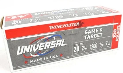 Description
Winchester Universal Game & Target shotshells provide a practical load for recreational target shooting and upland use.

Gauge: 20
Shell length: 2-3/4 in
Payload: 7/8 oz lead shot
Shot size: #7.5
Muzzle velocity: 1200 fps
Package quantity: 200 rounds