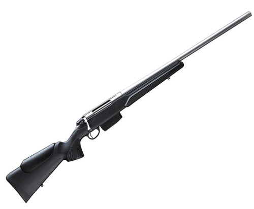 Tikka T3x Varmint Stainless

If you’re looking for a true stalking or long distance tool, look no further. A barrel and action made of stainless steel with a satin matte finish.

Features:

Barrel & Action - A barrel and action made of heat-treated stainless steel with a matte finish.
Modular Stock - T3x has a new modular synthetic stock that has interchangeable pistol grips, making it possible to modify the angle of the grip. This allows for multiple shooting positions. Additional grips are sold separately. The T3x synthetic stock also has an additional attachment point which allows you to change the width of the stock’s fore-end.
Improved Grip - A grip that never slips. The T3x synthetic stock has a new asymmetrical grip pattern and shape that has been specifically designed to give a solid grip in all conditions.
New Recoil Pad - T3x models come with a new recoil pad technology that reduces the impact of recoil on the shooter. The new robust pad allows you to fully concentrate on the accuracy of your shots.
Stock Noise Reduction - Be as silent as the forest. T3x synthetic stocks now have a foam insert within the interior of the rear stock – this lowers the stock-generated noise and can help you keep your target in sight. Not available for models with an adjustable cheek piece.
Redesigned Ejection Port - The new T3x receiver introduces a widened angular ejection port that makes it easier to feed one cartridge at a time.
Improved Rail Attachment - Always keep the target in your sight. The T3x models have extra screw placements on top of the receiver so that you can robustly attach a picatinny rail – even when using larger scopes.
Metallic Bolt Shroud - Robustness and quality go hand in hand. Metallic bolt shroud covers and shields the rear of the bolt body and the firing pin.
Steel Recoil Lug - This extra-strong lug has minimal deformation – even with larger calibers. Compared to aluminium, the steel lug doesn't have strong imprinting qualities that would cause deformation when larger calibers are used.
Specifications: 

Caliber: 6.5 Creedmoor
Magazine Capacity: 5+1
Magazine: Polymer, Single Stack
Action: Bolt Action
Stock: Synthetic
Safety: Three Position
Barrel Length: 24" Cold Hammer Forged
Twist Rate: 1:8"
Trigger Pull: Single Stage Trigger
Muzzle Thread: N/A
Overall Length: 43.9"
Weight: 8.4 lbs.
Part #: TFTT63CL105
Comes With:

Owner's Manual
1x Magazine