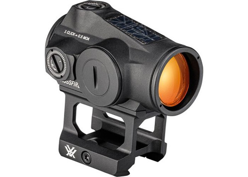 About The Product
From close-range drills or steel at distance, the Crossfire® II is built to grow with you. Quick to set up. Simple to run. It's motion-activated, magnifier and night-vision compatible. Mount it up, and make some noise.

Specifications
Dot Size	2 MOA
Dot Colour	Bright Red
Battery Type	CR2032
Battery Run Time	50,000 hrs / 150,000 with solar
Daytime Illumination Settings	10
Night Vision Illumination Settings	2
Magnification	1x
Eye Relief	Unlimited
Adjustment Graduation	1/2 MOA
Travel Per Rotation	22.5 MOA
Max Elevation Adjustment	100 MOA
Max Windage Adjustment	100 MOA
Length	2.60"
Weight	4.47 oz
Features
Solar Powered, With Auto D-TEC Technology	Detects light conditions to automatically draw power from solar or battery as needed.
Up to 150,000 Hour Battery Life	Using solar and battery power.
Motion Activation with 10 Minute Auto-Shutoff	Automatically activates with motion while 10 minute auto-shutoff saves battery life.
Daylight Bright	Daylight bright, illuminated center dot aids in faster center-point acquisition in bright daylight conditions.
Night Vision Compatible	Includes illumination settings that are night-vision compatible
Low-Glare Matte Black Anodize	Corrosion and wear resistant anodization provides low-glare matte surface and helps camouflage the shooter's position.
ArmorTek®	Ultra-hard exterior lens coatings defend against scratches, oil, and dirt.
Fully Multi-Coated Lenses	
Anti-reflective coatings on all air-to-glass surfaces provide increased light transmission for greater clarity and low-light performance.
Parallax Free	All red/green dots and holographic sights will exhibit some small amount of parallax. Matching current industry practice, this small amount would be considered "parallax free" and will make a negligible difference in performance.
Unlimited Eye Relief	Non-critical eye relief for rapid target acquisition.
Single-Piece Chassis	Compact and lightweight
Nitrogen Gas Purged	Gas purged and O-ring sealed for fogproof and waterproof performance in all conditions.
Waterproof	Designed to withstand harsh weather conditions.
Shockproof	Designed to withstand the highest levels of recoil and impact.
Fogproof	Designed to withstand a wide range of temperatures.