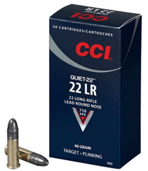 CCI Quiet-22

CCI is known for making some of the best rimfire ammunition on the market and the Quiet-22 ammunition is no exception. This quiet round produces a report that is 1/4 the perceived noise level compared to standard velocity 22 Long Rifle rounds; making this round perfect for backyard plinking, youth shooting, or shooting in areas where noise may be a concern. This round is ideal for shooters using bolt-actions or single shot rifles (but is perfectly safe in semi-automatics although it might not completely cycle the action). This subsonic ammunition is a perfect choice for shooting through your favorite rimfire suppressor. CCI Quiet ammunition is new production and non-corrosive. 

Specifications:

Caliber: .22LR
Weight: 40gr
Bullet Style: LRN
Casing: Brass
Muzzle Velocity: 710 fps
Muzzle Energy: 45 ft. lbs.
Part #: 0960
FEATURES & BENEFITS

Ultra-quiet plinking round in 22-caliber LR rifles
75% reduction in perceived noise of standard velocity .22 LR
Standard CCI .22 LR case
Excellent accuracy and low velocity (710 feet per second)
Better performance than an air rifle with similar noise levels
No hearing protection required
Great for backyard plinking and introducing youth to the shooting sports
Ideal for legal shooting areas where noise may be a concern
