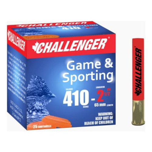 PRODUCT DESCRIPTION
Challenger Ammunition is a Canadian company that has been manufacturing top quality shotgun shells for 25 years. High-tech innovations, superior components, and rigorous quality control ensure that reliability and consistency are a staple of its products. Challenger rounds use slow burning powders which offers very light recoil and less shot deformation. A special "hermeplast" base wad is used to provide excellent humidity resistance. Primers do not deteriorate and do not cause rust or corrosion.

Caliber: 410 Gauge
Length: 2-1/2"
Ammunition Type: Lead Game and Sporting
Shot Size: #6
Shot Weight: 1/2 oz.

25 Rounds 