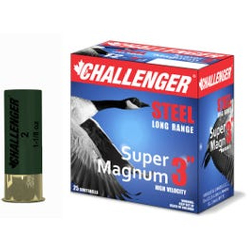 Your answer for duck and goose! Take down Duck and Goose up to 50 yards away with the accurate, deadly and dependable Challenger® 12 GA STEEL SUPER MAGNUM 3” 1-1/8 OZ.
Specifications

More Information
Velocity	1550 f/s
Shot Size	4
Shot Composition	Steel
Shell Length	3
Bullet Weight	1-1/8 oz
Quantity	25
Colour	Multicoloured
