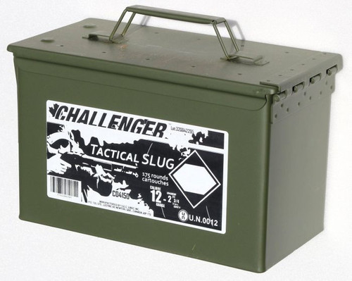 You get:
(1) Can of 175 Rounds
Challenger Tactical Slug 12 gauge ammo, has a notable reputation in the Canadian firearms market, delivering incredible accuracy. 





Cartridge	12ga
Sold as	Case
Rounds per Case	175
Shotshell Length	2 ¾"
Shot Size	Slug
