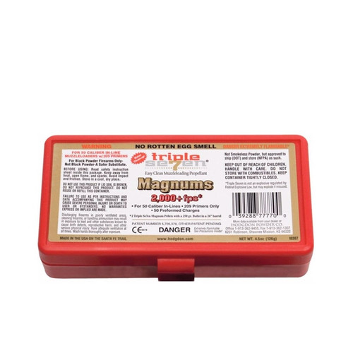 Hodgdon® Triple Seven™ Magnum Pellets are formed charges of loose Triple Seven™ muzzleloader powder made from gluconic acid, a sugar-based propellant that is more efficient than Blackpowder or Pyrodex.  The pellets are sulfur-free so leave no noxious odor after firing and they burn efficiently leaving fewer residues to simplify cleaning. Plus there is no need for powder measures or flasks, and you won't have to worry about messy powder spills.

These Magnum Triple Seven™ premeasured, compressed pellets are designed for use in .50 Caliber Inline Rifles with 209 shotshell primers only. A single pellet can be used for target or small game, and two 60 grain pellets can be used to create the 120-grain equivalent for big game. Pellets come packaged with 50 pellets per box.

Developed for today’s modern muzzleloader, the Triple Seven™ Pellets load fast and clean up quickly and easily with plain water. For fast, easy loading with instant ignition, give Hodgdon® Triple Seven™ Pellets a shot.