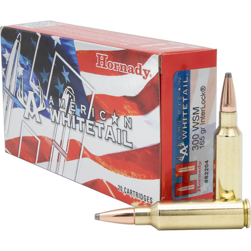 Get ready for deer season with the Hornady InterLock American Whitetail .300 WSM 165-Grain Rifle Ammunition. The InterLock® rings keep the core and jacket locked together for mass and energy retention. The exposed lead tip design allows for hard-hitting impacts, while the carefully matched powder offers consistent pressure.
Features and Benefits
20-round box
InterLock® rings inside the jacket offer high weight retention
.300 WSM caliber
165 grains
Exposed lead tips provide controlled expansion
Powder is carefully matched for consistent pressure
Specifications
Number of rounds: 20
Grain weight: 165
Caliber: .300 WSM