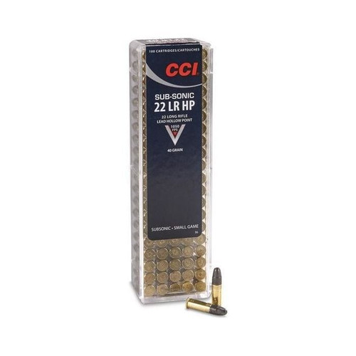 The CCI Sub-Sonic 22LR Hollow Point Ammo is a 100-round box of 40gr 22lr hollow point ammunition. In addition to being loaded with a hollow point projectile, these 22lr rounds are designed to stay sub-sonic making them ideal for use with your favorite suppressed 22LR firearm.

CCI is recognized around the world for making some of the best ammunition. No CCI line is as widely respected as their rimfire line which is where the CCI Sub-Sonic 22LR Hollow Point Ammo originates from. Reliable, clean burning, and surefire every time you load a round these have been the driving factors behind CCI's wildly successful rimfire ammunition. Now that the use of rimfire firearms has evolved and the use of suppressed firearms grows each year the demand for CCI sub-sonic rimfire ammunition has increased dramatically.

Features:
Sub-Sonic - Ideal for Use in Suppressed Firearm
Caliber: 22lr
Projectile Type: Hollow Point
Projectile Weight: 40 grains
Muzzle Velocity: 1050 ft/sec
100 Rounds per Box