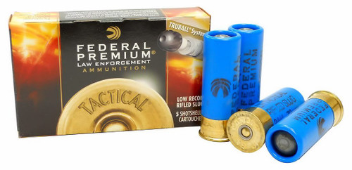 Bullet Type: Truball® Low Recoil Hollow Point Slug

Shell Length: 2 3/4"

Bullet Weight: 1 oz.

Velocity: 1,300 ft/s

Powder: Non-Corrosive

Amount: 5 Round Box

Notes: Federal's Tactical® TruBall® Rifled Slug provides an amazing accuracy improvement for smoothbore shotguns. The unique TruBall system locks the components together, centering the slug in the barrel. This unique system promotes clean separation of components after muzzle exit to ensure greater down-range accuracy. TruBall is capable of 2" groups at 50-yards—more like what you'd expect of sabot slugs shot from a rifled barrel. Federal Tactical Slugs also feature an all brass head for improved extraction and ejection and a blue hull for easy visual identification. The TruBall Rifled Slug ushers in a new generation of rifled slug systems and provides the confidence you need in standard police shotguns.