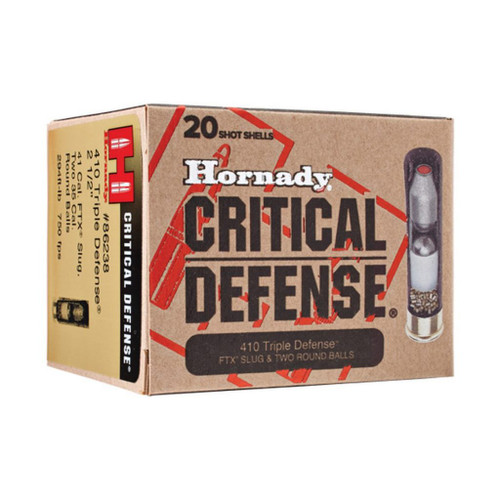 Delivering effective shot patterns that place all projectiles on a man-sized target at seven yards, the Critical Defense® 410 features a unique Triple Defense® projectile column consisting of two 35 caliber round balls topped with one non-jacketed FTX® slug.

Unique to the Critical Defense® 410, the 41 caliber FTX® slug actually engages the gun's rifling, and contacts the target nose-on, enabling the patented Hornady® Flex Tip® technology to assist in expansion for greatly enhanced terminal performance. Each 35 caliber round ball is made of high antimony, cold swaged lead to resist deformation and provide excellent penetration.

Critical Defense® 410 Triple Defense® - you be the JUDGE!