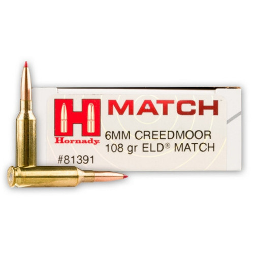 Hornady ELD Match

We carefully select every component to ensure uniformity, then load to exacting specifications to provide pinpoint accuracy. Each cartridge is loaded with either Hornady® A-MAX® bullets, our high-performance boattail hollow points, or the new, radically superior ELD® Match bullets. Stringent quality control ensures proper bullet seating, consistent charges and pressures, optimal velocity, consistent overall length and repeatable accuracy.

Features:

The Perfect Tip - The new Heat Shield tip on the ELD Match bullet creates the perfect meplat and outperforms BTHP bullets.
Hornady Match Bullets - Hornady Match rifle ammunition is loaded with the most accurate, consistent match bullets in the world, featuring our AMP bullet jackets.
Specially Selected Cases - Cases are carefully selected based on strict criteria: wall thickness uniformity, internal capacity, case weight and consistent wall concentricity.
Carefully Matched Powder - Powder is matched carefully to each specific load for optimal pressure, velocity and consistent accuracy.
Stringent Quality Control - With extremely tight tolerances and strict quality control, all Hornady Match ammunition features superior lot-to-lot consistency. From the bullet seating to the optimal charges and velocities, Hornady Match ammunition is designed to live up to company founder, J.W. Hornady's original goal: "Ten bullets through one hole."
Specifications:

Caliber: 6mm Creedmoor
Weight: 108 Grain
Bullet Style: BTHP
Casing: Brass
Muzzle Velocity: 2960 fps.
Energy at Muzzle: 2101 ft. lbs.
Velocity at 100 yds: 2786 fps
Energy at 100 yds: 1861 ft. lbs.
Velocity at 200 yds: 2618 fps
Energy at 200 yds: 1643 ft. lbs.
Velocity at 300 yds: 2456 fps
Energy at 300 yds: 1446 ft. lbs.
Velocity at 400 yds: 2299 fps
Energy at 400 yds: 1267 ft. lbs.
Velocity at 500 yds: 2148 fps
Energy at 500 yds: 1106 ft. lbs.