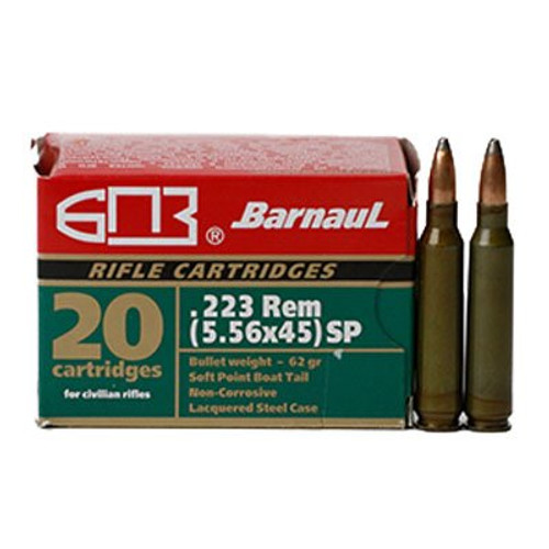 Barnaul 223 Rem 62gr Soft Point Ammo
Barnaul 223 Rem 62gr Soft Point Ammo is an excellent choice for target shooters or varmint hunters.  If you are looking for great quality at incredible value, this ammo will be your new favorite.

Features
62gr
Non-Reloadable
Non-Corrosive
Soft-Point (SP) Boat Tail Bullet
Velocity 2907 Fps
