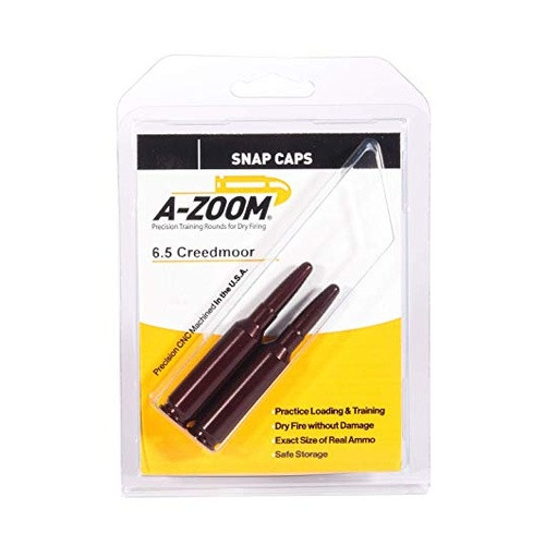 A-Zoom 6.5 Creedmoor Snap Caps (Set of 2)
For safety training, function testing or safely decocking without damaging the firing pin, A-Zoom training rounds are much more than conventional snap-caps. They are precision CNC machined from solid aluminum to precise cartridge dimensions, then hard anodized for ultra-smooth functioning and long life.

In addition, each round has A-Zoom's remarkably durable "Dead Cap" proven to withstand over three thousand dry fires while protecting the firing pin. A-Zoom Snap Caps last over 30 times longer than conventional plastic examples.

Safety: Teaches safe gun handling
Durability: Thousands of dry fires without damage
Precision: Functions just like real ammo - without the noise
Toughness: Hard coat anodized aluminum construction
Versatility: Training, storage, testing, practice