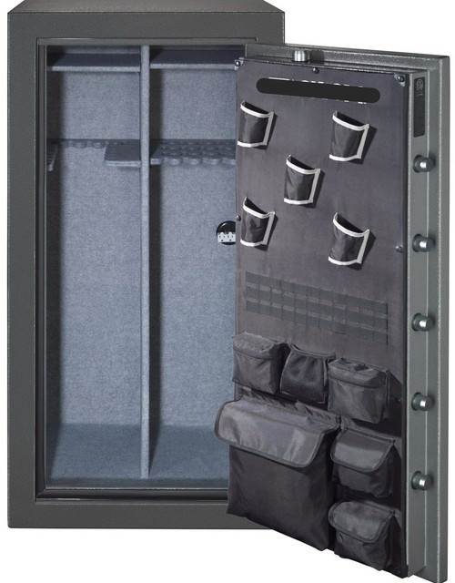 **IN STORE PICKUP ONLY**



Total Defense safes are engineered to protect your valuables from fire and flood while offering user-friendly features. The robust 75 minute, 1400° F fire rating and 72 hour, 2-foot waterproof rating ensures your valuables are safe from any threat. This 36–40 gun capacity safe features a backlit electronic lock. Moving the brushed nickel 5-spoke handle engages seven solid-steel live-action locking bolts, that combined with three deadbolts, secure the door on all four sides from prying theft. The fully-adjustable interior of the Total Defense safe includes three adjustable-position barrel rests and five adjustable-position shelves, allowing custom configurations to best suit your needs. Use the high capacity barrel rests for maximum gun capacity, the U-shaped barrel rest for easy access, or combine both. This safe also includes a factory-installed door organizer with sewn-in gun holsters, zippered pouches, and Molle compatible storage. The factory-installed electrical outlet conveniently powers dehumidifiers, lighting kits, and other in-safe accessories. Total Defense safes include Total protection from flood, fire, and theft.

Features:

Fireproof for 75 minutes up to 1400° F
 Waterproof in up to 2 ft. of standing water for 72 hours (verified by an independent laboratory) – Safe must be bolted to floor to maintain warranty
Factory-installed electrical socket
A drill-resistant hardened steel plate is located behind the lock
4-way door locking with seven 1.5″ tapered live action locking bolts and three 1” dead bolts for a total of 10 locking points
Fully-adjustable interior includes three adjustable-position barrel rests and five adjustable-position shelves
Factory-installed door organizer with sewn-in gun holsters, zippered pouches, and Molle compatible storage
Lifetime Warranty
 
