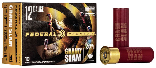 Extend the range and enhance the lethality of lead turkey payloads with Federal Premium® Grand Slam®. Its FLITECONTROL FLEX™ wad system works in both standard and ported turkey chokes, opening from the rear for a controlled release of the payload and extremely consistent patterns. The high-quality copper-plated lead pellets are cushioned with an advanced buffering compound to provide dense patterns and ample energy to crush gobblers.

FLITECONTROL FLEX™ wad ensures dense patterns through both standard and ported turkey chokes
Copper-plated lead shot
Buffering prevents pellet deformation for more consistent patterns
Roll crimp and clear card wad keep buffering in place
A portion of the proceeds are donated to the National Wild Turkey Federation
10-count pack
SPECS
Gauge	12 Gauge
Shot Size	6
Muzzle Velocity	1200
Shotshell Length	3in. / 76mm
Type	Copper Plated Lead
Shot Charge Oz	1 3/4
Payload Pellets	394.0
Density	11 g/cc
Package Quantity	10
Usage	Turkey
