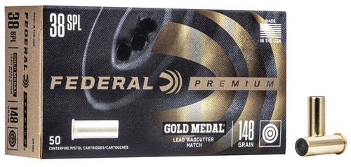 Product Overview
Demand the performance to compete. Gold Medal® Handgun loads are built with the finest components and held to the tightest tolerances to deliver in competitive shooting situations. The loads feature match-grade primers and bullets, with consistent powders and the best Federal® brass.

Match-grade primers
Competition-grade match bullets
Premium® brass
SPECS
Caliber	38 Special
Grain Weight	148
Bullet Style	Lead Wadcutter
Muzzle Velocity	690
Test Barrel Length In	4-V
Package Quantity	50
Usage	Target Shooting