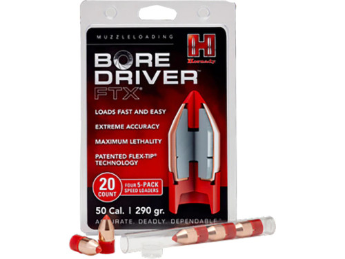 The Hornady Bore Driver Muzzleloading Bullets 50 Caliber 290 Grain FTX Pack of 20 is a fast and easy to load bullet that delivers the ultimate in muzzleloader performance. At the heart of the system is a polymer base (not a sabot) that seals the bore to deliver maximum energy transfer and accuracy. Atop the base is the FTX bullet, featuring a rugged gilding metal jacket coupled with patented FlexTip technology and an InterLock ring that deliver maximum lethality. During this muzzleloader season, make the shot count and use the best – Hornady Bore Driver FTX!

Features

Patented FlexTip technology bullets
Seats quickly for shot after shot performance
Interlock ring to maintain maximum on-game lethality
Performance boosting base