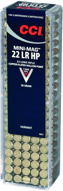 CCI Mini-Mag Varmint 22 LR Rimfire Ammo, 36Gr CPHP – 100Rds

Specifications:
Caliber: .22 LR
Bullet Weight: 36 Grain
Bullet Type: Copper-Plated Hollow-Point
Case Type: Brass
Muzzle Velocity: 1260 FPS
Package Quantity: 100 round