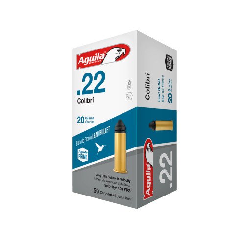 AGUILA AMMUNITION
22 LR COLIBRI
SILENCE IS DEADLY. Perfect for hunting and target shooting at close range, this specialized powderless round is ultra-quiet and eliminates the trouble and investment of using a suppressor. It’s great for young shooters, thanks to its lack of recoil. Designed for bolt-action or revolver platforms. **WILL NOT CYCLE IN A SEMI-FOR USE IN A BOLT OR REVOLVER**

BALLISTICS
DISTANCE
(YARDS)	VELOCITY
(FPS)	ENERGY
(FT/LB)
MUZZLE	420	8
100 YARDS	376	6