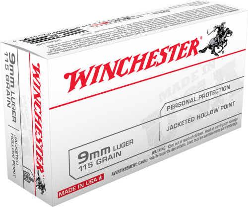 Winchester “USA White Box” stands for consistent performance and outstanding value, offering high-quality ammunition to suit a wide range of hunter’s and shooter’s needs.

Specifications and Features:

Caliber: 9mm Luger
Bullet Type:Jacketed Hollow Point (JHP)
Bullet Weight: 115 gr
Muzzle Energy: 347 ft lbs
Muzzle Velocity: 1165 fps
Rounds Per Box: 50
Application: Recreational Shooting
Casing Material: Brass