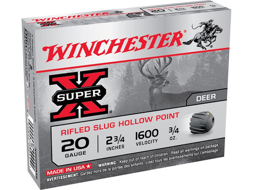 Super-X® is the standard for smooth-bore slug hunting. Hunters marvel at how flat the Super-X load flies, and they swear by its knock-down power. Excellent performance and moderate recoil. Comes 5 rds. to a box.



Key Specifications
Mfg. Number: X20RSM5
Gauge: 20
Shell Length: 2 3/4"
Slug Weight: 3/4 oz.
Slug Type: Rifled
Muzzle Velocity: 1,600 FPS