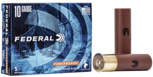 Federal Power-Shok Ammunition 10 Ga 3-1/2″ Mag 1-3/4 oz HP Slug Box of 5
 Federal Power-Shok Slugs provide better shot alignment and harder-hitting performance in the field. Loaded with Federal’s Power-Shok rifled slug, this ammunition centers the slug in the middle of the barrel providing better down range accuracy. Combined with Federal’s reputation for quality and awesome stopping power, this round will give you the results you’ve been looking for.

Gauge	10 Gauge
Type	Rifled Slug
Length	3.5″
Ounces	1-3/4 oz
Shot Size	Slug
Muzzle Velocity	1280 fps
Rounds Per Box	5

 
Application	Hunting