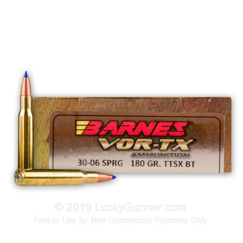 Barnes Bullets VOR-TX 30-06 180GR TTSX BT 20rds

Barnes bullets have historically had the reputation of offering quick, clean and humane kills. Now they are taking their highly regarded bullets to the next level loading them in ammunition.

Like its Triple-Shock cousin, the Tipped Triple-Shock bullet delivers the same “three strikes you’re out” rule. Once as it strikes game, two as the bullet begins to open and a third impact when the cavity fully expands to deliver extra shock with maximum transferred energy. The added polymer tip creates a faster expansion rate as well as better long range ballistics. Ideal for deer-sized game.

VOR-TX ammunition is manufactured to precise tolerances to ensure excellent accuracy and consistent velocities. This ammunition is new production, non-corrosive, in boxer-primed, reloadable brass cases.

Made In United States of America

Muzzle Energy 2914 Foot Pounds
Bullet Style Polymer Tip
Bullet Brand And Model Barnes Tipped Triple-Shock X
Lead-Free Yes
Case Type Brass
Primer Boxer
Corrosive No
Reloadable Yes
Ballistic Coefficient 0.484
Sectional Density of 0.271
Country of Origin United States of America
CALIBER .30-06
CONDITION New in Box
FINISH PER COLOR Brass
MANUFACTURER PART NUMBER BB30063
MODEL Vor-Tex
TYPE Rifle Ammo


Like its Triple-Shock cousin, the Tipped Triple-Shock bullet delivers the same “three strikes you’re out” rule. Once as it strikes game, two as the bullet begins to open and a third impact when the cavity fully expands to deliver extra shock with maximum transferred energy. The added polymer tip creates a faster expansion rate as well as better long range ballistics. Ideal for deer-sized game.