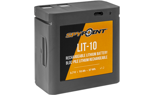 The LIT-10 lithium battery pack from SPYPOINT is the rechargeable power solution for the MICRO family and CELL-LINK. Extend the time between camera visits and save money by not purchasing multiple sets of batteries a year for every device.