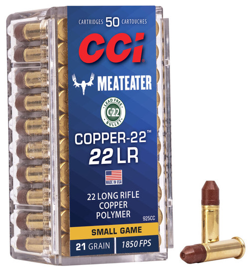 Product Overview
Get accurate, reliable performance on targets and small game in a non-lead bullet with CCI® Copper-22™, the ammunition that fills Steven Rinella’s freezer. The projectile is constructed from a unique mix of copper particles and polymer compressed into a potent, 21-grain hollow-point bullet. Combined with our reliable priming and propellant, Copper-22 loads achieve a muzzle velocity of 1,850 fps and provide superb accuracy.

Non-lead bullet suited for plinking, target-shooting and small game hunting
The ammunition that fills Steven Rinella's freezer
21-grain hollow-point bullet
Compressed copper-polymer construction
1,850 fps muzzle velocity
Excellent accuracy
SPECS
Caliber	22 LR
Grain Weight	21
Muzzle Velocity	1850
Bullet Style	Copper HP
Ballistic Coefficient	.092
Package Quantity	50
Usage	Small Game
