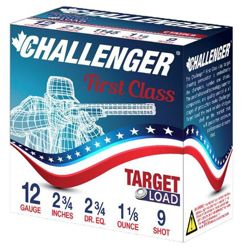THE CHALLENGER® 12 GA Target 2 3/4 Drams provides unmatched uniformity and consistency shot after shot.PRODUCT DETAILS:
Part Number 40019
Gauge: 12ga 2-3/4"
Target Load
#9 Shot
2-3/4 Dram Eq.
1-1/8oz Load
1150 fps
Box of 25