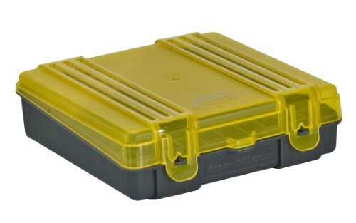 A reliable Plano handgun ammunition case to help keep your ammunition safe and secure in an organised box that is easily stackable and secure with a padlock. This transparent amber case houses 100 rounds of .41 Mag, .44 Mag or .45 Long Colt ammo.

All Features:
Padlock tab
Weight: 219g
Snap lock latches
Ammunition not included
Semi-transparent flip-top lid
Houses 100 rounds of ammo
8 Colour coded self-adhesive lables
Size: 15cm (W) x 16.1cm (L) x 5.7cm (H)
Colour: Transparent amber and dark grey