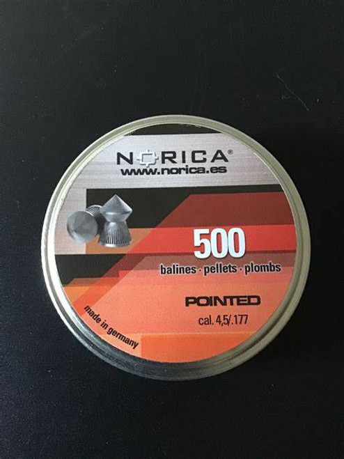 Norica Pointed Pellets Pointed pellets designed for deep penetration, ideal for pest control. Ridges along the skirt improve airflow around the fired pellet for high accuracy. Made in Germany. Cal 4.5/.177. .56g / 8.64gr