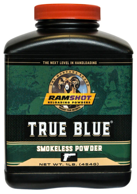 Ramshot® True Blue® Smokeless Pistol Powder is a perfect match for your favorite 38 Special, 44 Special, and even 45 Long Colt. True Blue is a double-base, spherical powder with excellent metering properties, resulting in a solid pick for high volume, progressive reloading machines. True Blue pairs well with cast bullets as well as 9mm hollow points.

Double based
Spherical powder
Excellent metering properties