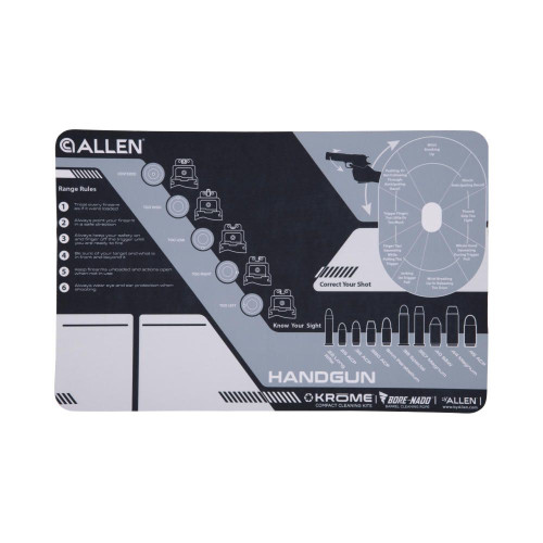 The Allen Handgun mat is at home on the cleaning bench or at the range. The padded synthetic back resists slipping. The face has a barrier that resists most liquids. Handy charts for sight picture correction with open sights and a grip / hold correction chart will improve performance on the range. Bright surfaces for placing small parts during cleaning.

Product Features
Slip Resistant Back
Cleans Easily with a Damp Cloth
Scratch Free Material
Sight Picture Guide
Hold, Grip Correction Guide
Bright Spaces for Setting Small Parts
