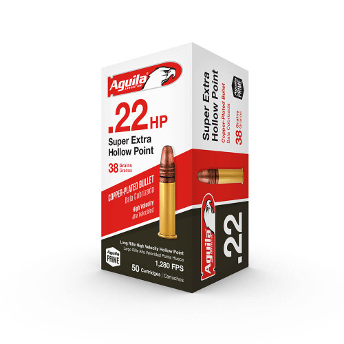 Aguila Super Extra HP 22 LR Rimfire Ammo, 38Gr CPHP 1280FPS – 50Rds

Specifications:
Caliber: .22 LR
Bullet Weight: 38 Grain
Bullet Type: Copper-Plated Hollow-Point
Case Type: Brass
Muzzle Velocity: 1280 FPS
Package Quantity: 50 rounds