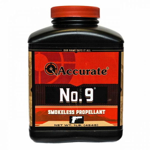 Product Information:
Accurate No. 9 is a double-base, spherical powder that is ideal for high power loads in traditional magnums such as the 357 Mag, 41 Rem Mag and 44 Rem Mag. It is particularly well suited to the 357 Sig and 10mm Auto, providing high velocities and excellent case-fill. No. 9 can also be used with large magnums such as the 460 S&W and 500 S&W for economical target loads. Made in the USA.