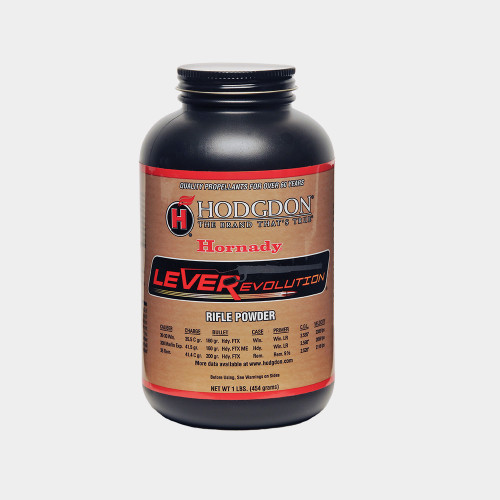 LEVEREVOLUTION
Hodgdon® Powder Company and Hornady® have teamed together to answer the reloading question; “Can I buy the powder used in Hornady LEVERevolution factory ammunition?”

This is the same spherical propellant used in Hornady’s innovative and award-winning, high-performance factory ammunition. This fabulous propellant meters flawlessly and makes lever action cartridges like the 30-30 Winchester yield velocities in excess of 100 fps over any published handloads, with even greater gains over factory ammunition. Other cartridges include the 35 Remington, 308 Marlin Express, 338 Marlin Express and the 25-35 Winchester.

The list of cartridges and bullets is limited with this highly specialized powder, but where it works, it really works!