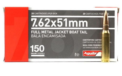 Aguila Centerfire Ammunition

At Aguila, “Non-Corr Priming” is used and guarantees reliable ignition in any weather condition, and with over 25 skus ranging in velocity/energy ratios between 705/108 to 3215/1266, the Aguila Advantage will hit dead center. With a wide variety of calibers from the standard to the unique, Aguila offers high-quality rounds that cycle flawlessly with remarkable consistency in both velocity and accuracy.

Aguila is loaded in boxer-primed brass casings which are non-corrosive and the projectiles feature a lead core with a full copper jacket. With the high ammo prices of today, it's no wonder more people are turning to Aguila to provide them an economical alternative. Target shooting. Hunting. Tactical applications. Aguila's 7.62x51 (.308 Win) offers precision shooters greater accuracy and better consistency at long ranges thanks to its unique boat tail design.

Specifications:

Caliber: 7.62 NATO (7.62x51/.308 Win)
Bullet Weight: 150 gr
Bullet Style: Full Metal Jacket, Boat Tail
Case Type: Brass
Muzzle Velocity: 2750 fps
Muzzle Energy: 2519 ft. lbs.
Part #: 1E762110