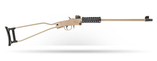 Chiappa Little Badger 22LR Rifle 16.5″ Barrel – Desert Sand
The Little Badger is the ultimate packable survival gun. The .22lr is lightweight, ultra-compact, break-open rifle is designed to go anywhere at any time. When the action is opened and the gun folded, it measures a mere 17″ overall length and stows neatly in an included pack/case. The wire frame stock keeps weight to a minimum and the integrated shell holder in the back holds twelve cartridges so ammo is always at the ready.

The Little Badger comes equipped with an M1 Carbine style front and rear sight. Picatinny rails are mounted top, bottom and on both sides just forward of the receiver for mounting optics and accessories. An optional handle/cleaning kit combination accessory screws into the bottom of the receiver. Compact length and weighing only 2.9lbs, the Little Badger can truly be taken and ready for use just about anywhere!

 

Make: Chiappa Firearms
Model: Little Badger
Caliber: 22 LR
Stock Finish: Desert Sand Cerakote
Action: Break Open
Barrel Length Range: 16″ to 16.99″
Front Sight: Fixed
Rear Sight: Adjustable
Capacity: 1rd
Muzzle: Threaded
Hand: Right
Receiver Material: Steel
Safety: Hammer
Stock Description: Wire Frame
Stock Finish Group: Brown / Tan
Stock Material: Metal
ThreadPattern: 1 / 2″-28 tpi
Trigger: Single
Barrel Finish: Desert Sand Cerakote
Barrel Length: 16.50″