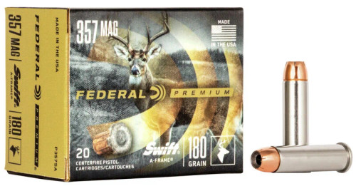 Federal Premium 357 Mag 180 gr Swift A-Frame (SWFR) Box of 20
 

Handgun hunting is one of the most challenging ways to take game. If you choose to use your handgun because you like to get up close and personal with your trophy then this is the ammunition for you. Federal offers the Swift A-Frame because it provides 95% weight retention and deep penetration, making that target your trophy.

DETAILS
Manufacturer: Federal
Model Number: P357SA
Ammo Bullet Type: Swift A-Frame
Ammo Casing Type: Nickel Plated Brass
Ammo Bullet Weight: 180 grain
Ammo Round Count: 20/Box
Caliber Multi: .357 Magnum
Muzzle Energy: 510 lb/ft
Muzzle Velocity: 1130 fps
Application: Medium Game
Series/Collection: Premium
Test Barrel Length: 6″