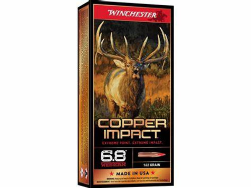 Winchester Copper Impact rifle bullets are engineered with longer ogives and boattails providing higher ballistic coefficients, which increases accuracy at longer distances. With Copper Impact, a hunter gets monolithic solid copper Extreme Point® hollow-point bullets with distinctive polymer tips that create both a large-impact diameter and immediate expansion upon contact. This ammunition is new production, non-corrosive, in boxer primed, reloadable nickel-plated brass cases.

 

As a solid bullet, the Extreme Point produces greater weight retention over standard jacketed bullets. Copper Impact bullets are permitted for use where lead-free ammunition is required, but regardless of location, this line of ammunition performs on big game from pronghorn to elk.

 

Features

Large-impact-diameter Copper Extreme Point expands immediately upon contact to deliver massive knockdown power
Solid copper bullet design offers improved weight retention over standard jacketed lead-core bullets
Product Information
Cartridge	6.8 Western
Grain Weight	162 Grains
Quantity	20 Round
Muzzle Velocity	2875 Feet Per Second
Muzzle Energy	2973 Foot Pounds
Bullet Style	Polymer Tip
Lead Free	Yes
Case Type	Brass
Primer	Boxer
Corrosive	No
Reloadable	Yes
G1 Ballistic Coefficient	0.564
G7 Ballistic Coefficient	0.224
Velocity Rating	Supersonic
Country of Origin	United States of America
