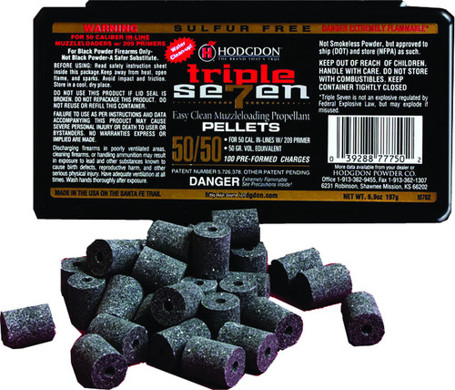 Designed for use in 50 caliber in-line rifles. A single Pellet may be used for target or small game and two 50/50 Pellets may be used to create the 100 gr. equivalent for big game. Packed 100 Pellets to the box or 24 Pellets to the card. Easy clean-up, just like Triple Seven granular powder. Designed for use with 209 shotshell primers only.