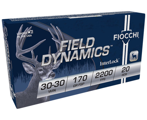 Fiocchi Rifle Shooting Dynamics Line offers reliably performing products for every shooting application from plinking, to target shooting to hunting. This line of ammo is loaded in the U.S.A. utilizing Fiocchi original pointed soft point bullets, along with top quality powders and selected components. Fiocchi's goal is to make it possible for hunters and riflemen to enjoy volume shooting without emptying their wallets.

Category : Centerfire Rifle Rounds
Caliber : 30-30 Winchester
Bullet Type : FSP
Bullet Weight : 170 GR
Muzzle Energy : 1827 ft lbs
Muzzle Velocity : 2200 fps
Rounds Per Box : 20
Application : Hunting/Target
Casing Material : Brass