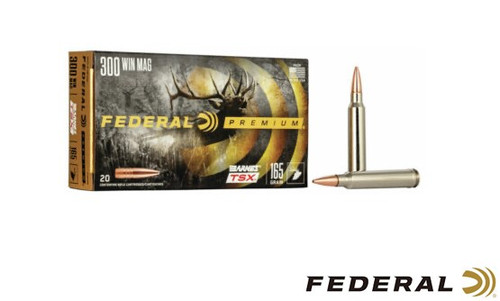Federal Premium 300 Win Mag Rifle Ammo, 165Gr Barnes TSX – 20Rds

Specifications:
Caliber: .300 Winchester Magnum
Bullet Weight: 165 Grain
Bullet Type: Barnes TSX
Case Type: Brass
Muzzle Velocity: 3050 FPS
Package Quantity: 20 rounds
Item Number: P300WR