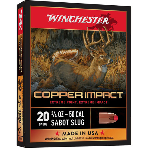 Details
Brand Winchester Ammo
Category Shotshell Slug Loads
Gauge 20 Gauge
Model Copper Impact
Shot Size Sabot Slug
Rounds Per Box 5
Muzzle Velocity 1600 fps
Game Type Big Game
Length 2.75"
Application Hunting
Ounces 3 / 4 oz
Boxes Per Case 20

Winchester's Copper Impact features a large-impact-diameter Copper Extreme Point which expands immediately upon contact to deliver massive knockdown power. Its solid copper bullet design offers improved weight retention over standard jacketed lead-core bullets.