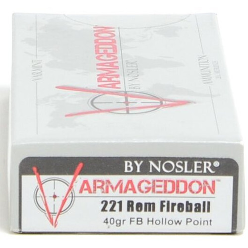 Loaded with a 40gr HPFB Varmageddon™ Bullet and Nosler® Premium Brass

Nosler Varmageddon® ammunition is loaded with Nosler Varmageddon® bullets, delivering high velocities and exceptional terminal performance on varmints at all practical ranges. The bullet’s special lead-alloy core combines with the copper-alloy jacket to violently expand upon impact while the flat base design brings you bench-rest accuracy. Created for the high-volume varmint shooter, Nosler Varmageddon® ammunition provides Nosler’s legendary quality and accuracy at an economical price.
VELOCITY (FPS)
Muzzle	100	200	300	400	500	600	700	800
3100	2510	1991	1547	1209	1016	907	826	759
ENERGY (FT-LBS)
Muzzle	100	200	300	400	500	600	700	800
853	559	352	212	129	91	73	61	51
DROP IN INCHES (100 YRD ZERO)
Muzzle	100	200	300	400	500	600	700	800
-1.5	0	-4.1	-17.3	-45.1	-96.9	-182.2	-309.8	-488.4
DROP IN INCHES (200 YRD ZERO)
Muzzle	100	200	300	400	500	600	700	800
-1.5	2.1	0	-11	-36.9	-86.6	-169.8	-295.3	-471.9

