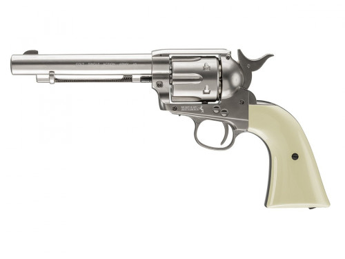 The Colt Peacemaker is a BB-cartridge-loading Single Action Army (SAA) revolver that has the same look, feel, and similar functional features of the .45 Colt Peacemaker sidearm. No other revolver has captured the American imagination like the Colt Peacemaker. The old Single Action Army had a long life on the frontier, and an even longer life in Hollywood. And now you can shoot an authentic Colt, without the expense or kick of the .45. The Colt Peacemaker BB gun fires from individual cartridges. The CO2 is housed in the grip. This fully functioning replica is as much fun to look at as it is to shoot.

Features

Authentic replica
All metal frame
Realistic single action
6-shots
Fixed front sight
CO2 compartment in the grip