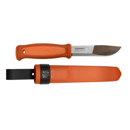 A reliable outdoor knife that can be used in many challenging situations. Designed for the hunter and adventurer, the knife is an excellent choice when you need a safe and robust tool close at hand. The recycled Swedish stainless steel blade has long-lasting sharpness. It is also compatible with a fire starter.

The ergonomic barrel-shaped polymer handle features a soft friction grip, finger guard and a 2.5 mm thick, profile-ground blade made of recycled Swedish stainless steel, which provides both strength and stability in every cut. Thanks to the blade and handle design, the knife is ideal for working safely and efficiently in various weather conditions during all seasons of the hunt. The polymer knife sheath is symmetrical, which means it suits both right and left-handed users, and has a leather strap made of Swedish vegetable-tanned leather that can be attached easily to your belt. Compatible with Morakniv Multi-Mount Kit for Kansbol.

Brand: Morakniv

Knife Series: Kansbol

Knife Type: All-round

Usage Area: Bushcraft, Hunting, Outdoor

Colour: Burnt Orange