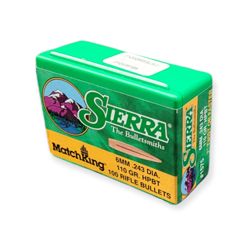 6MM .243 CALIBER 110 GR. HPBT MATCHKING
 
Shooters around the world will appreciate the accuracy and extreme long range performance of our new 6mm 110 grain HPBT (#1575). A sleek 27 caliber elongated ogive and a final meplat reducing operation (pointing) provide an increased ballistic coefficient for optimal wind resistance and velocity retention. To ensure precise bullet to bore alignment, a unique bearing surface to ogive junction uses the same 1.5 degree angle commonly found in many match rifle chamber throats.

While they are recognized around the world for record-setting accuracy, MatchKing® and Tipped MatchKing® bullets are not recommended for most hunting applications. Although MatchKing® and Tipped MatchKing® bullets are commonly used for varmint hunting, their design will not provide the same reliable explosive expansion at equivalent velocities on varmints compared to their lightly jacketed Hornet, Blitz or Varminter counterparts.

The #1575 was introduced in December 2016.

This bullet requires a barrel twist rate of 1×7” or faster.