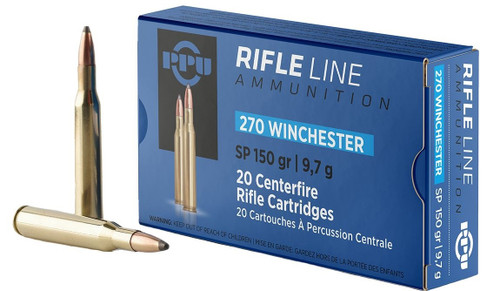 PPU Rifle Line 270 Win Rifle Ammo, 150Gr SP – 20Rds

Specifications:
Caliber: .270 Winchester
Bullet Weight: 150 Grain
Bullet Type: Soft-Point
Case Type: Brass
Muzzle Velocity: 865 m/s
Package Quantity: 20 rounds
Item Number: A027